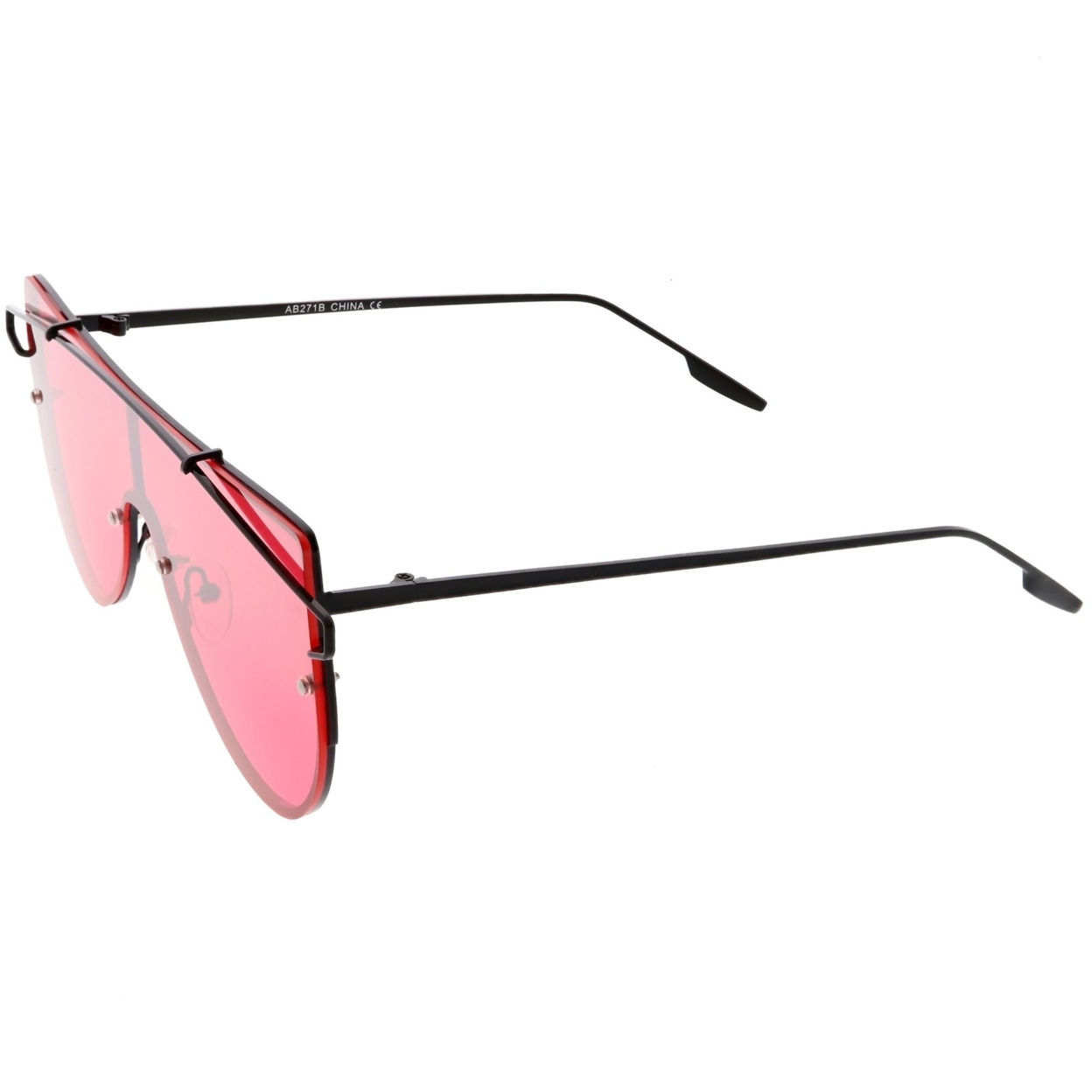 Futuristic Rimless Shield Sunglasses Metal Crossbar Colored Mono Lens 64mm - Black / Red