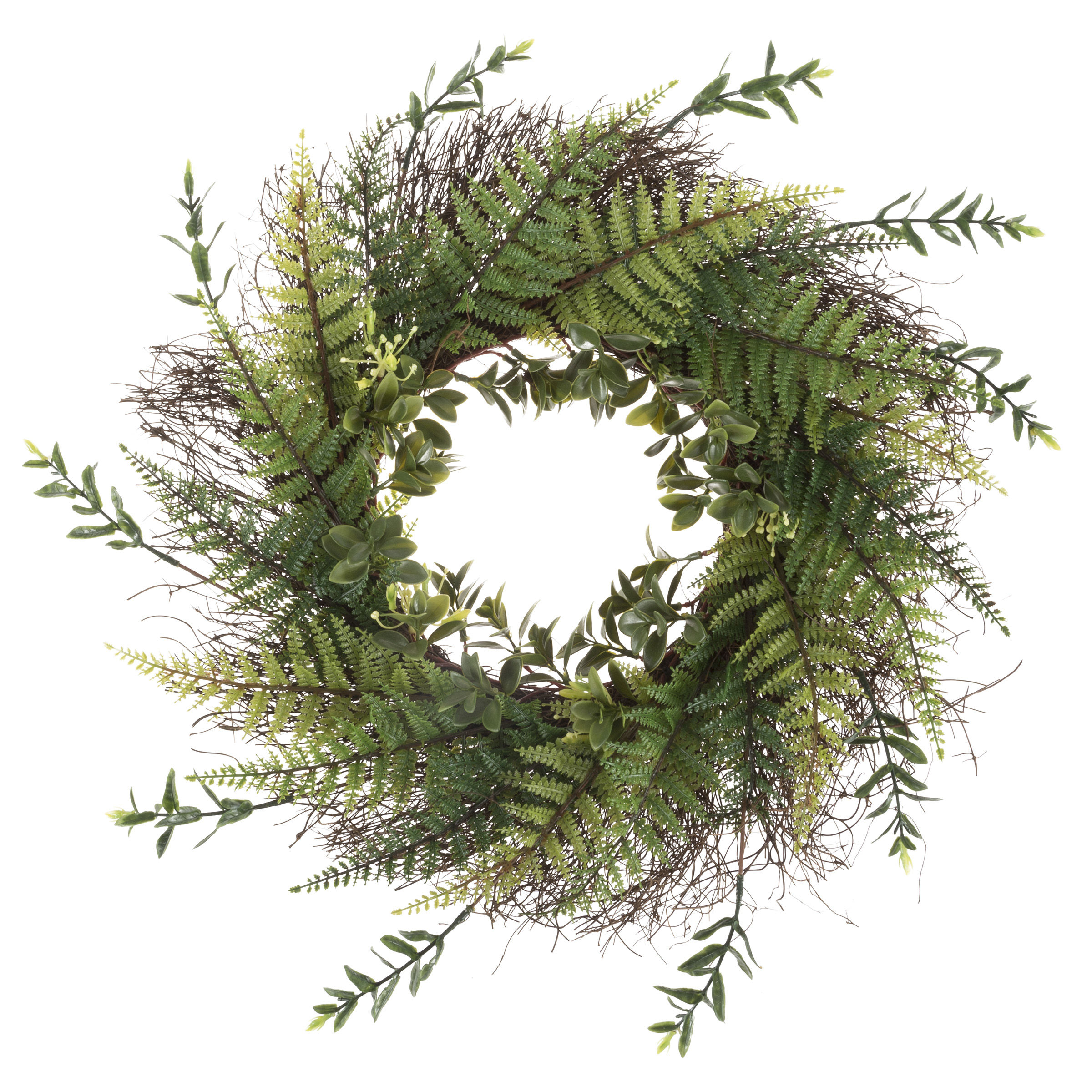 21 Inch Wreath Fern With Blossoms Outdoor Artificial Greenery UV Resistant