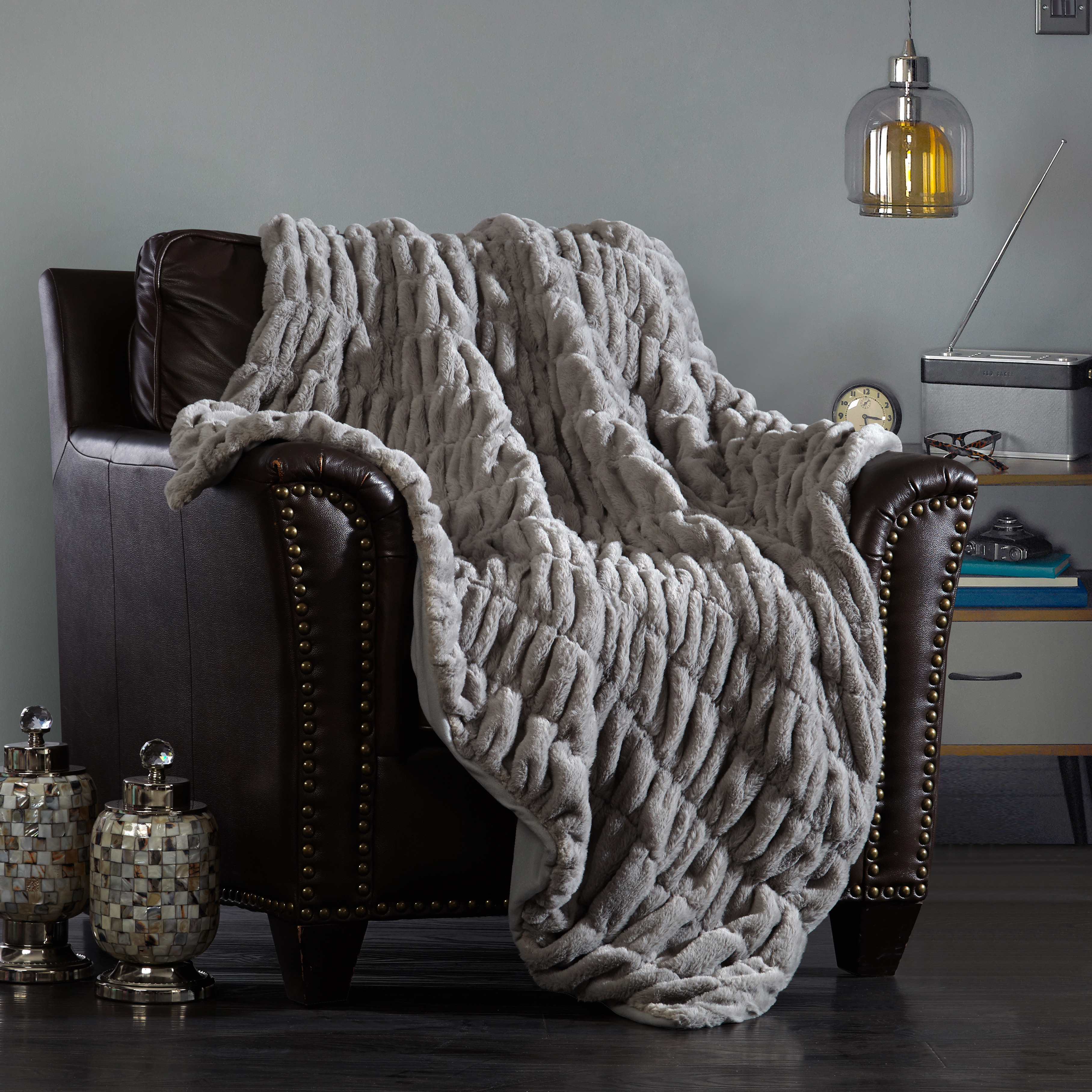 Leone Throw Blanket Cozy Super Soft Ultra Plush Decorative Shaggy Faux Fur - Grey