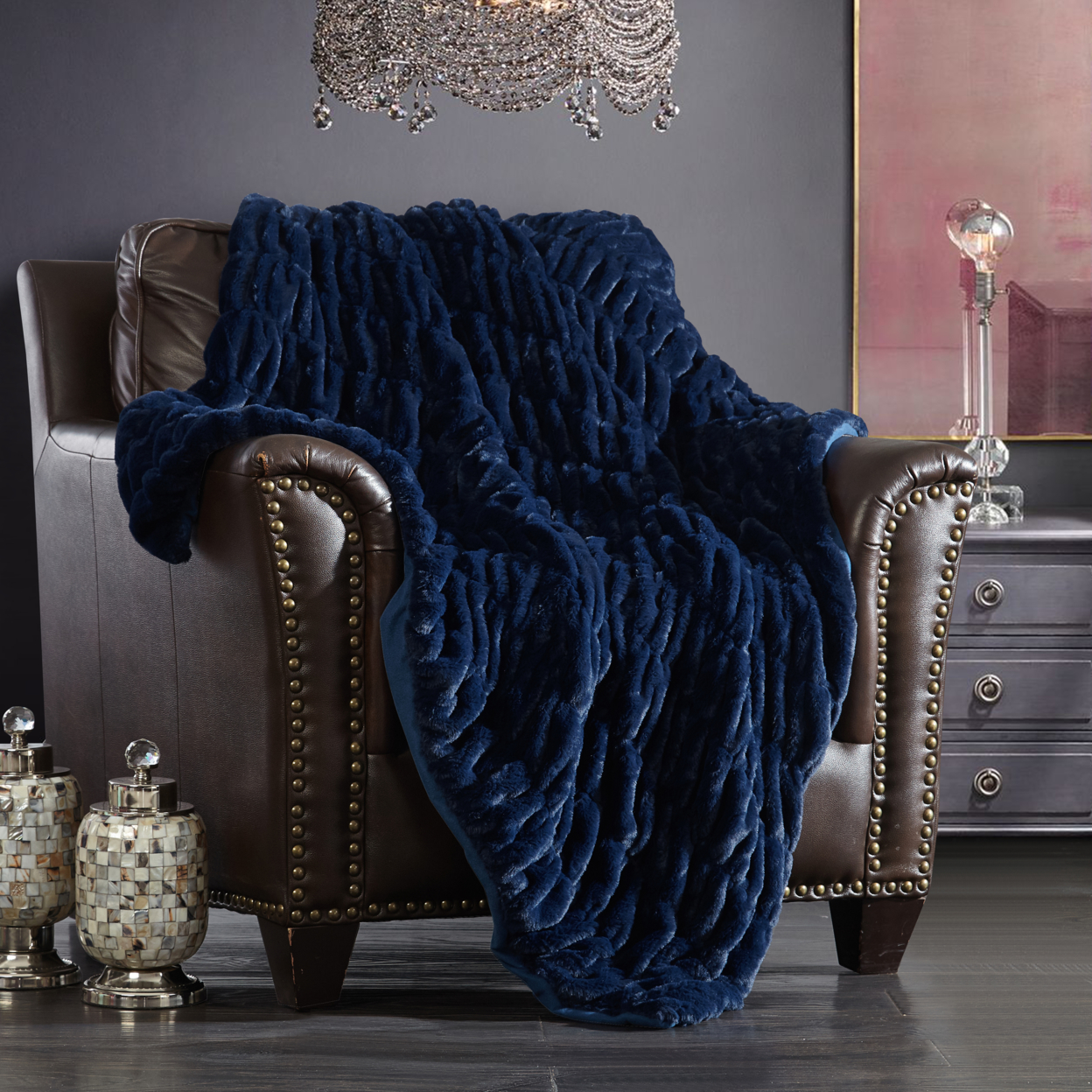 Leone Throw Blanket Cozy Super Soft Ultra Plush Decorative Shaggy Faux Fur - Navy