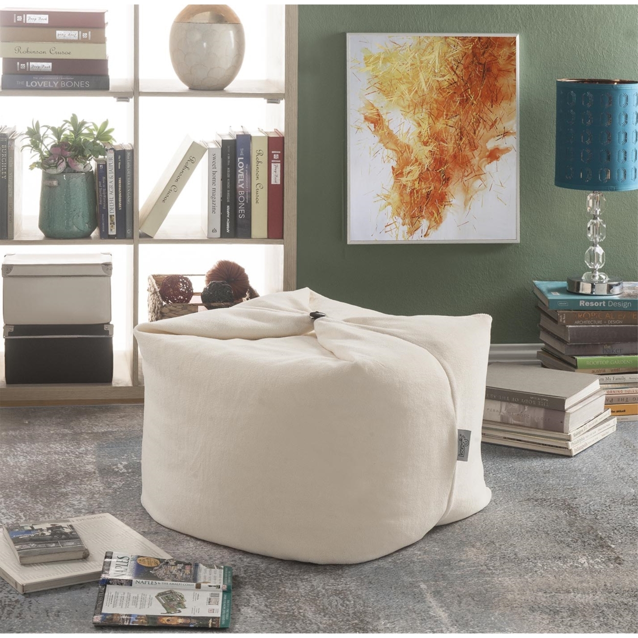 Loungie? Magic Pouf Beanbag-Microplush Fabric-3-in-1 Convertible Ottoman + Chair + Floor Pillow-Modern & Functional - Beige