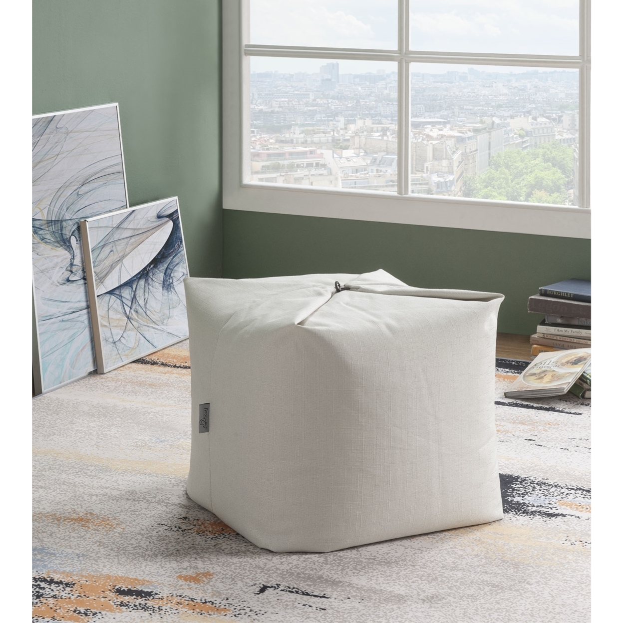 Loungie? Magic Pouf Beanbag-Linen Or Sherpa Fabric-3-in-1 Convertible Ottoman + Chair + Floor Pillow-Modern & Functional - Beige Linen