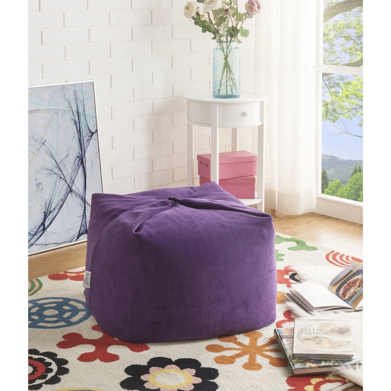 Loungie? Magic Pouf Beanbag-Microplush Fabric-3-in-1 Convertible Ottoman + Chair + Floor Pillow-Modern & Functional - Purple