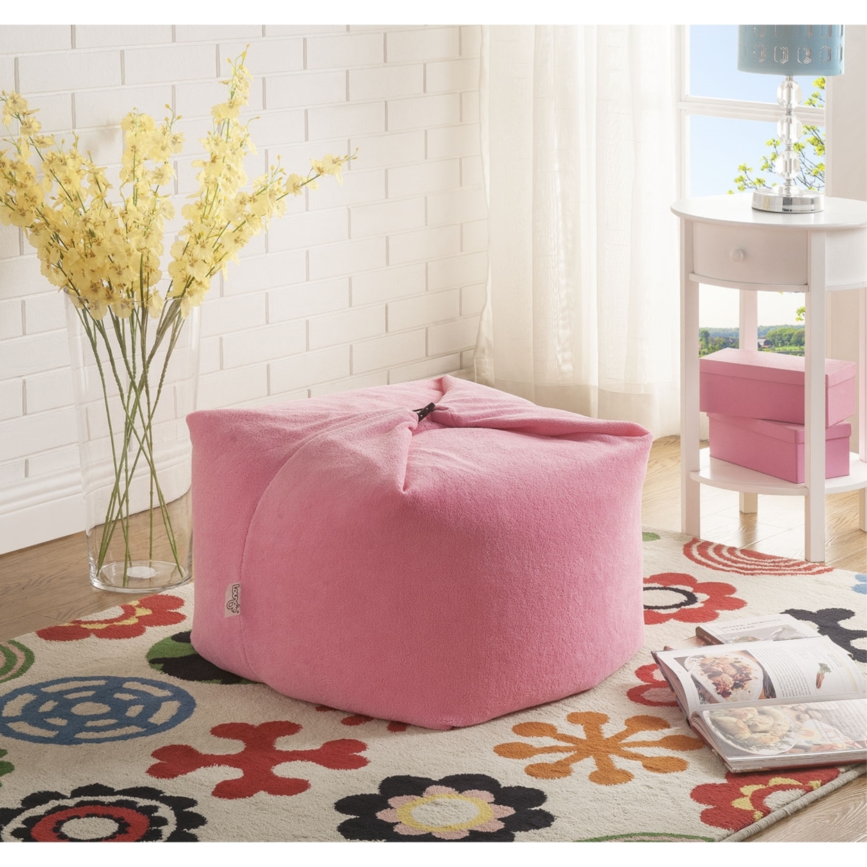Loungie? Magic Pouf Beanbag-Microplush Fabric-3-in-1 Convertible Ottoman + Chair + Floor Pillow-Modern & Functional - Pink