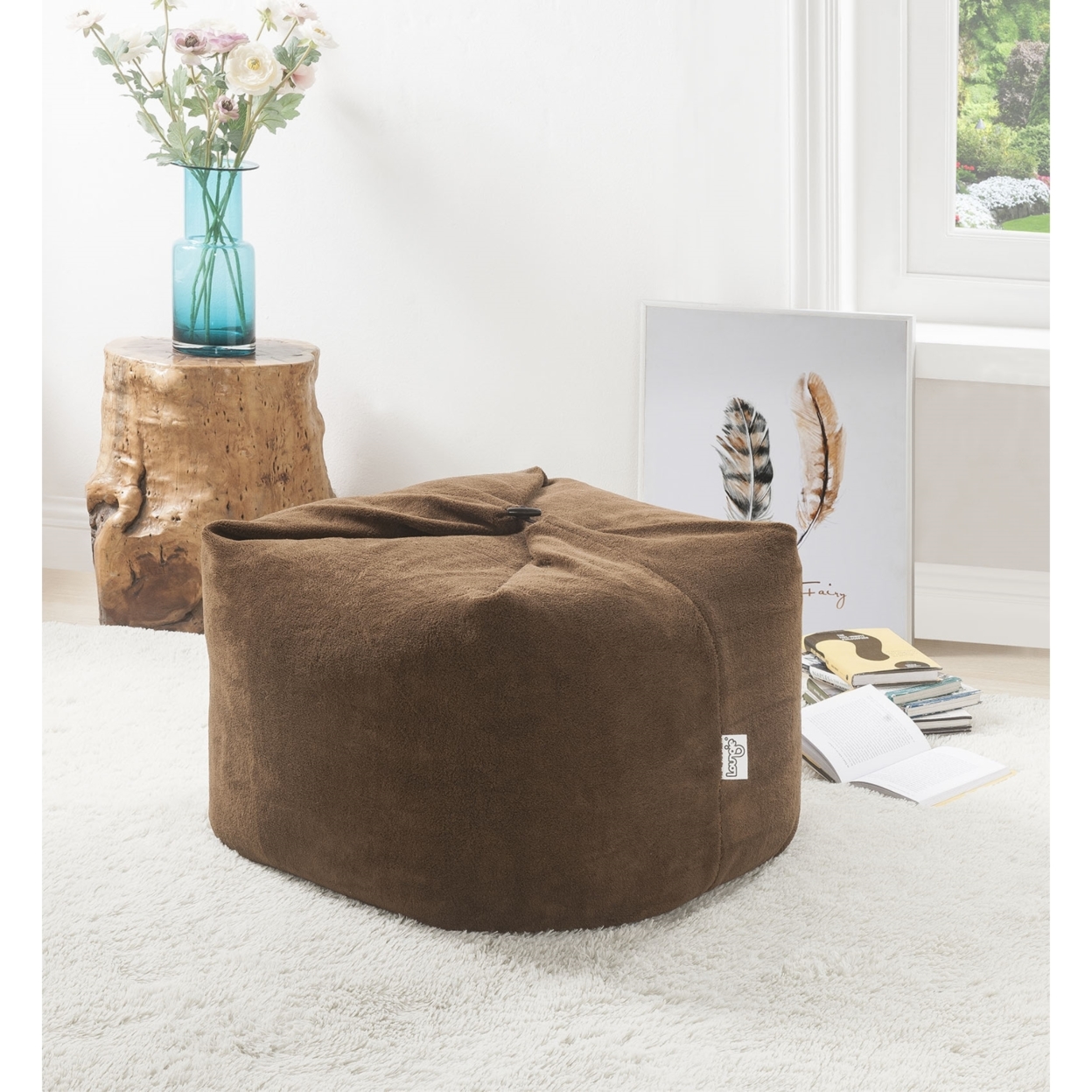 Loungie? Magic Pouf Beanbag-Microplush Fabric-3-in-1 Convertible Ottoman + Chair + Floor Pillow-Modern & Functional - Brown