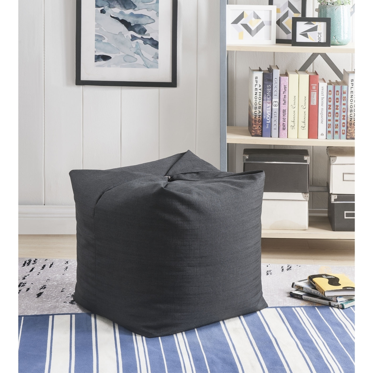 Loungie? Magic Pouf Beanbag-Linen Or Sherpa Fabric-3-in-1 Convertible Ottoman + Chair + Floor Pillow-Modern & Functional - Black Linen