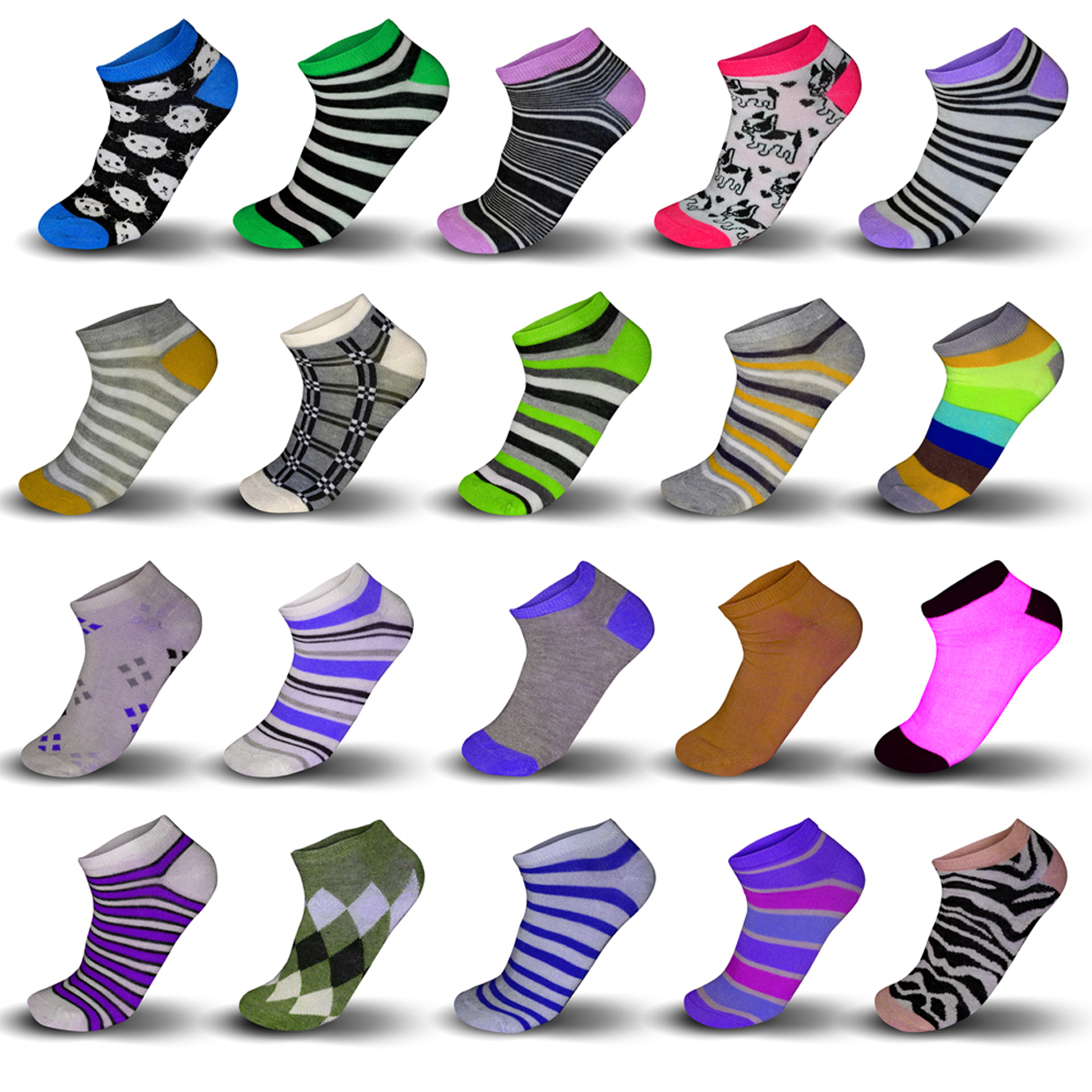 Women’s Printed Ankle Socks, Set Of 20 Assorted Pairs