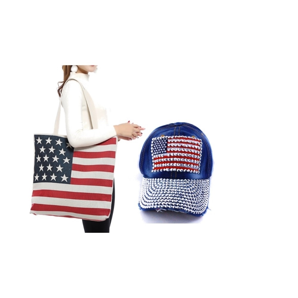 MKF Collection Beach Americana Flag Baseball Caps And Hats Tote Handbag Stars And Stripes Handbag By Mia K. - Beige Flag Tote And Denim Crys