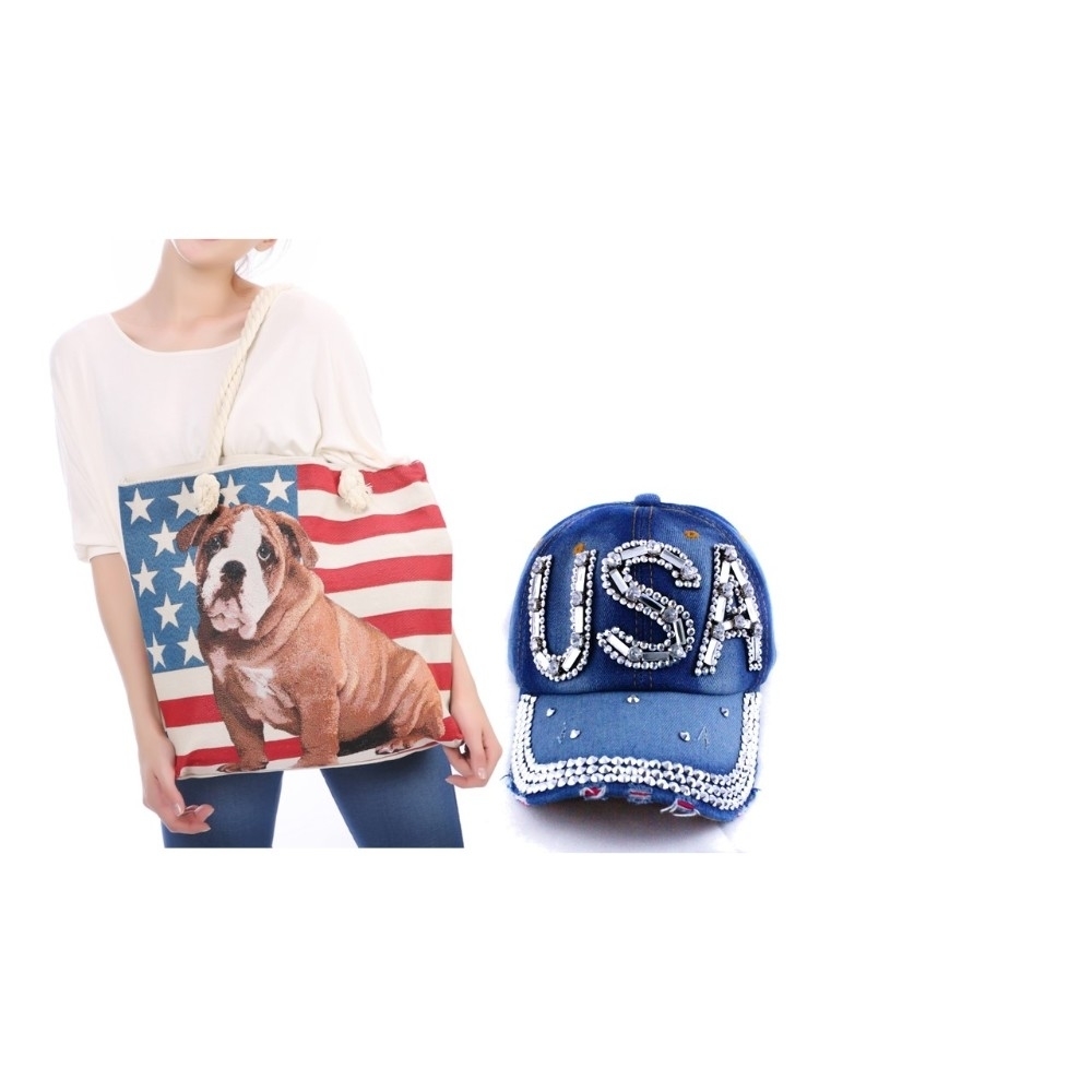 MKF Collection Beach Americana Flag Baseball Caps And Hats Tote Handbag Stars And Stripes Handbag By Mia K. - Beige Usa Flag And Dog Tote An