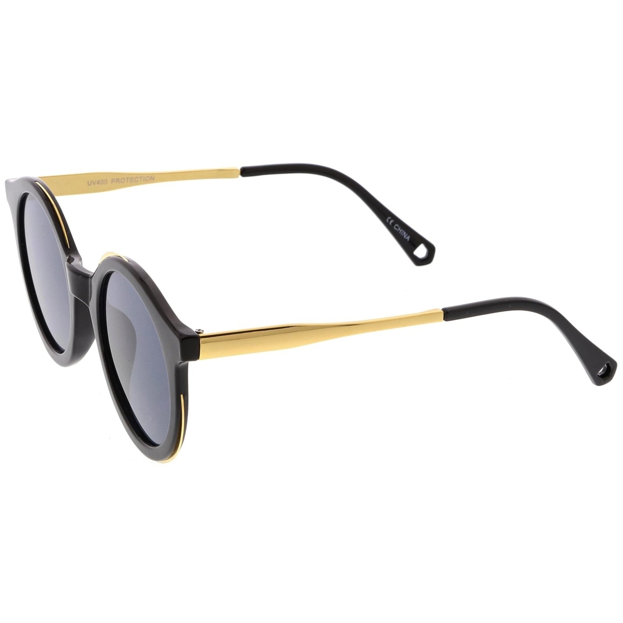 Modern Horn Rimmed Round Sunglasses With Metal Trim Round Flat Lens 51mm - Black Gold / Smoke