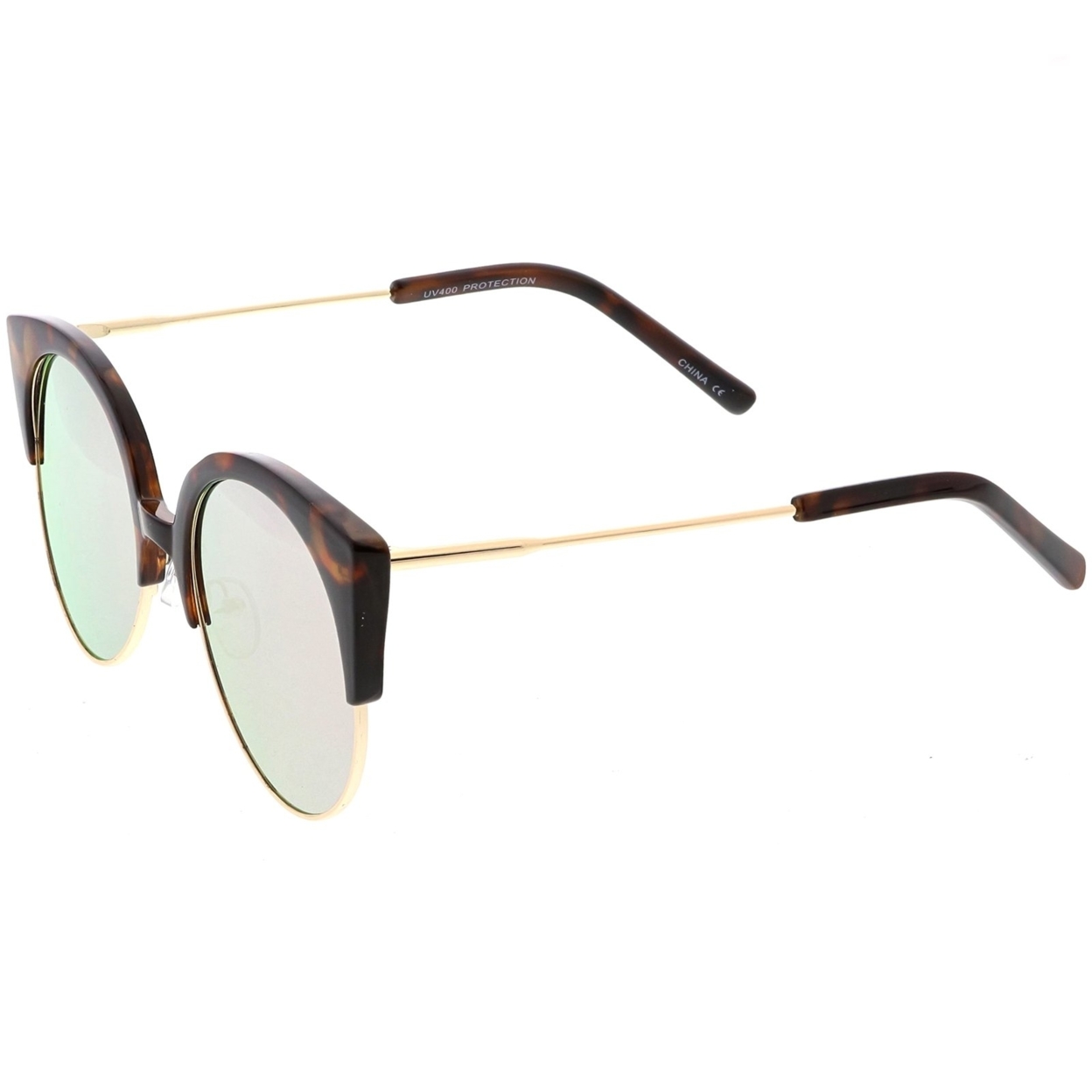 Women's Half Frame Cat Eye Sunglasses Ultra Slim Arms Mirrored Round Flat Lens 53mm - Black Gold / Purple Mirror