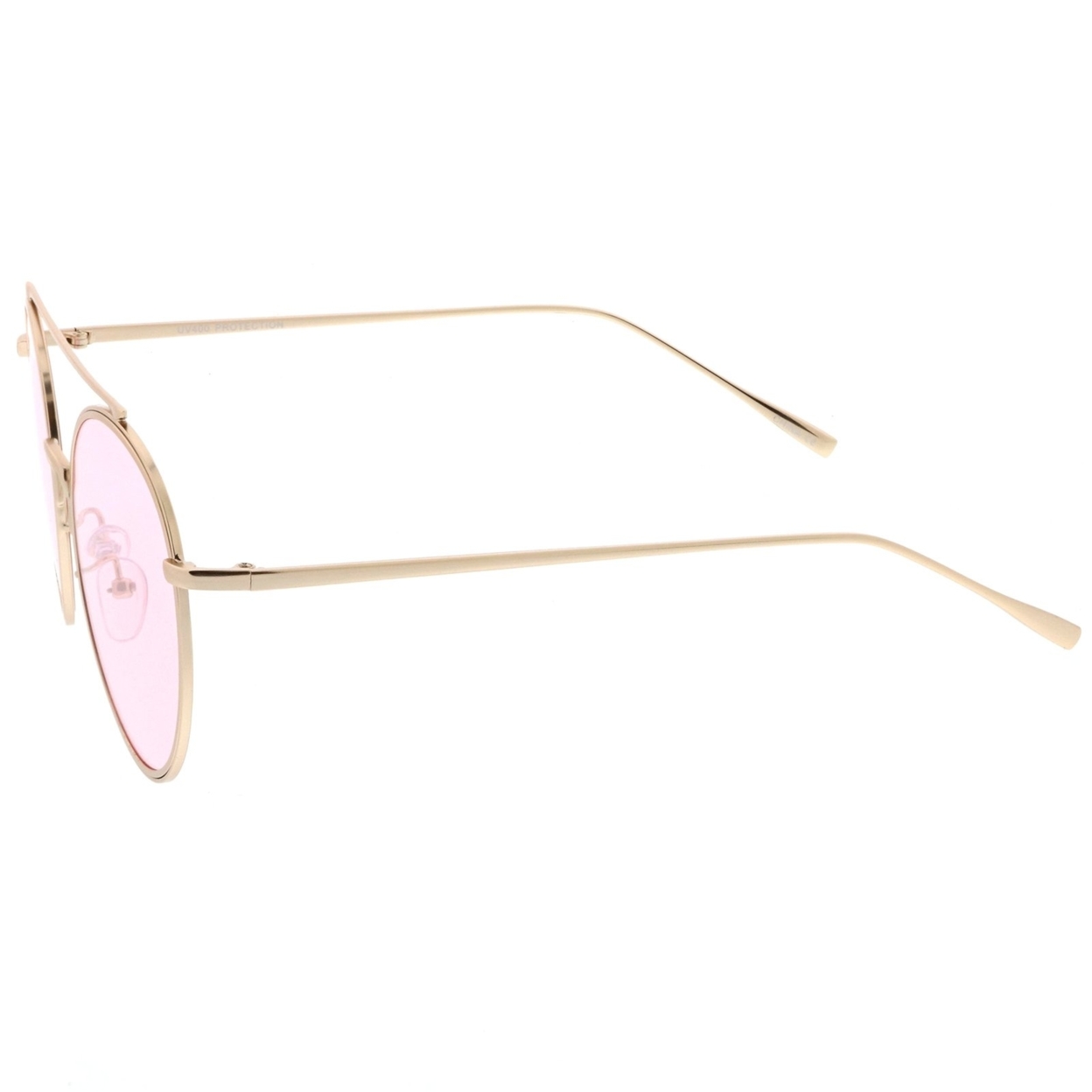 Modern Metal Crossbar Slim Temple Colored Flat Lens Round Aviator Sunglasses 54mm - Gold / Pink