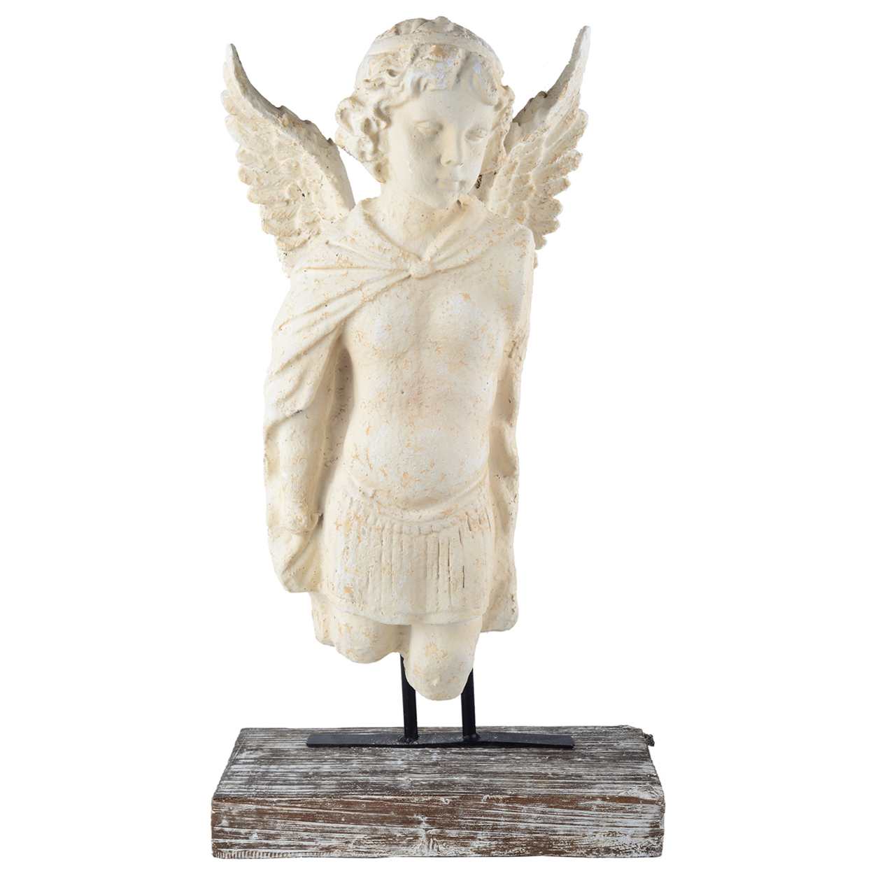 Magnesia And Metal Garden Angel Bust On A Wooden Pedestal, Beige- Saltoro Sherpi