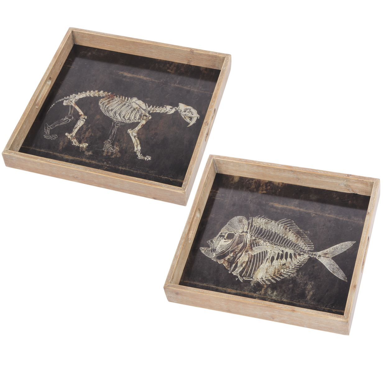 Aluminum Printed Tray With Wooden Framing, Set Of 2, Black And Brown- Saltoro Sherpi