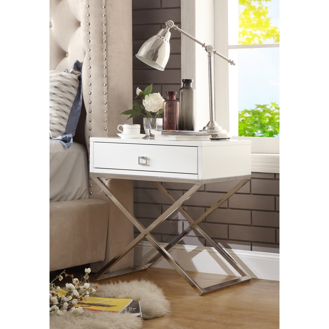 Jesse Lacquer Finish Nightstand-Steel Base-Side Table-Modern-Inspired Home - White Chrome