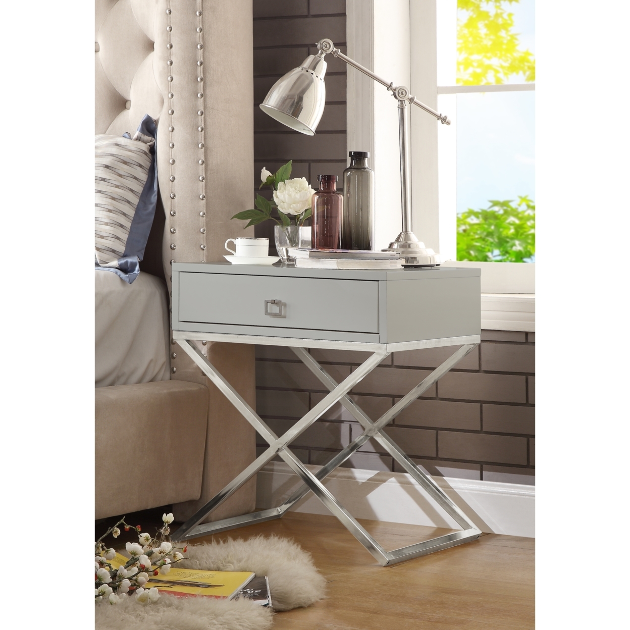 Jesse Lacquer Finish Nightstand-Steel Base-Side Table-Modern-Inspired Home - Grey