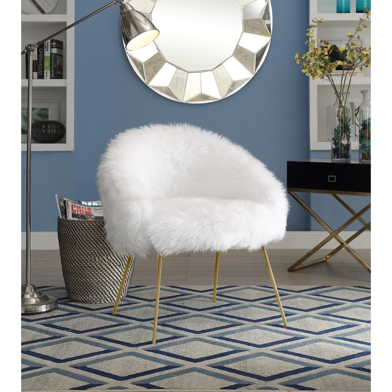 Pamela Faux Fur Accent Chair-Metal Legs-Glam-Living Room, Entryway, Bedroom-Inspired Home - White