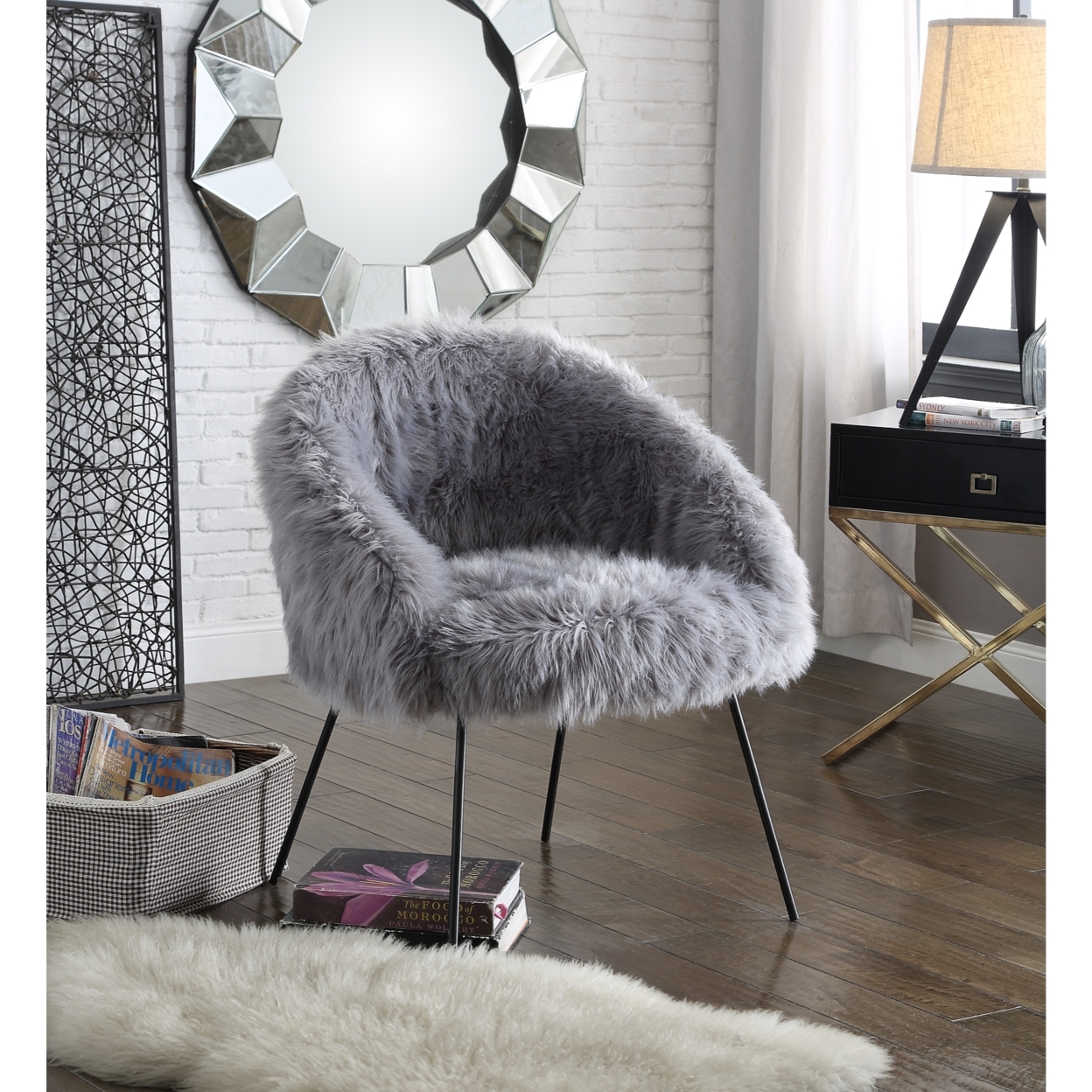 Pamela Faux Fur Accent Chair-Metal Legs-Glam-Living Room, Entryway, Bedroom-Inspired Home - Grey