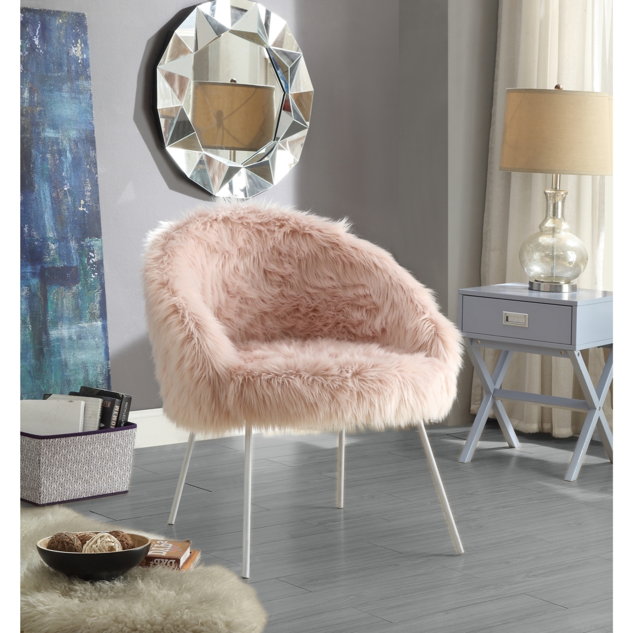 Pamela Faux Fur Accent Chair-Metal Legs-Glam-Living Room, Entryway, Bedroom-Inspired Home - Pink