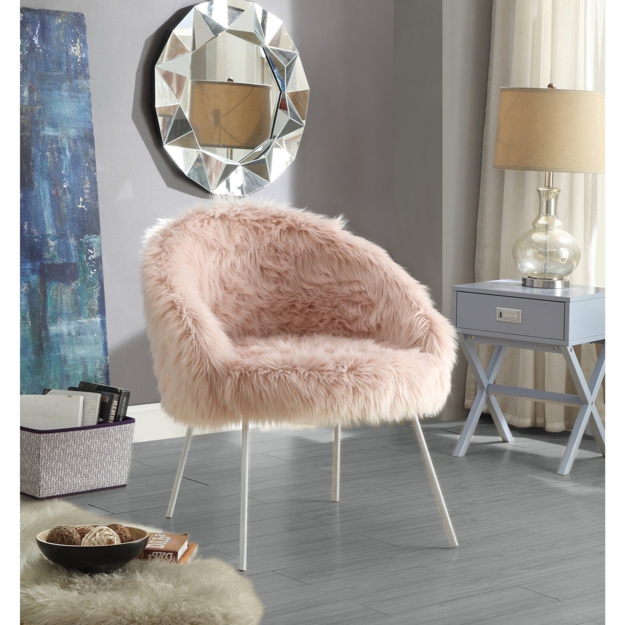 Pamela Faux Fur Accent Chair-Metal Legs-Glam-Living Room, Entryway, Bedroom-Inspired Home - White