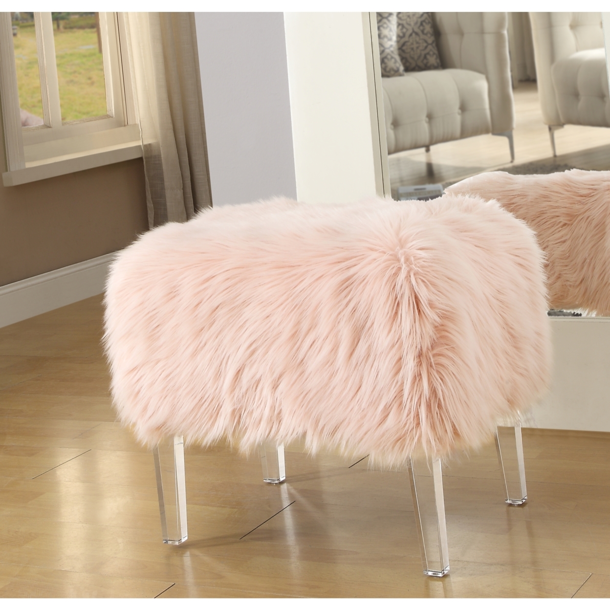 Tessa Faux Fur Ottoman-Modern Acrylic Legs-Upholstered-Living Room, Entryway, Bedroom-Inspired Home - White