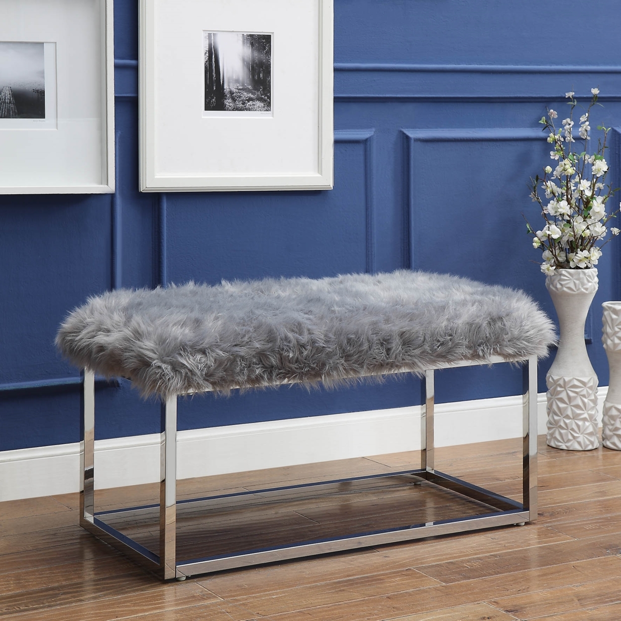 Camilla Faux Fur Bench-Chrome Frame-Ottoman-Living Room, Entryway, Bedroom-Inspired Home - Grey