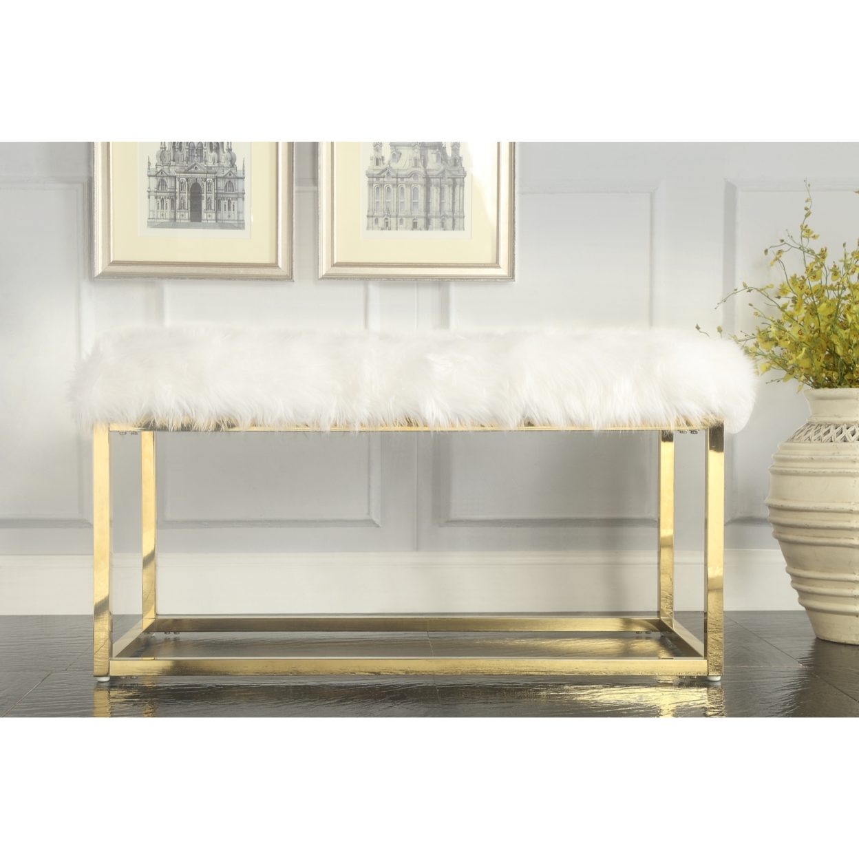 Camilla Faux Fur Bench-Chrome Frame-Ottoman-Living Room, Entryway, Bedroom-Inspired Home - White Gold