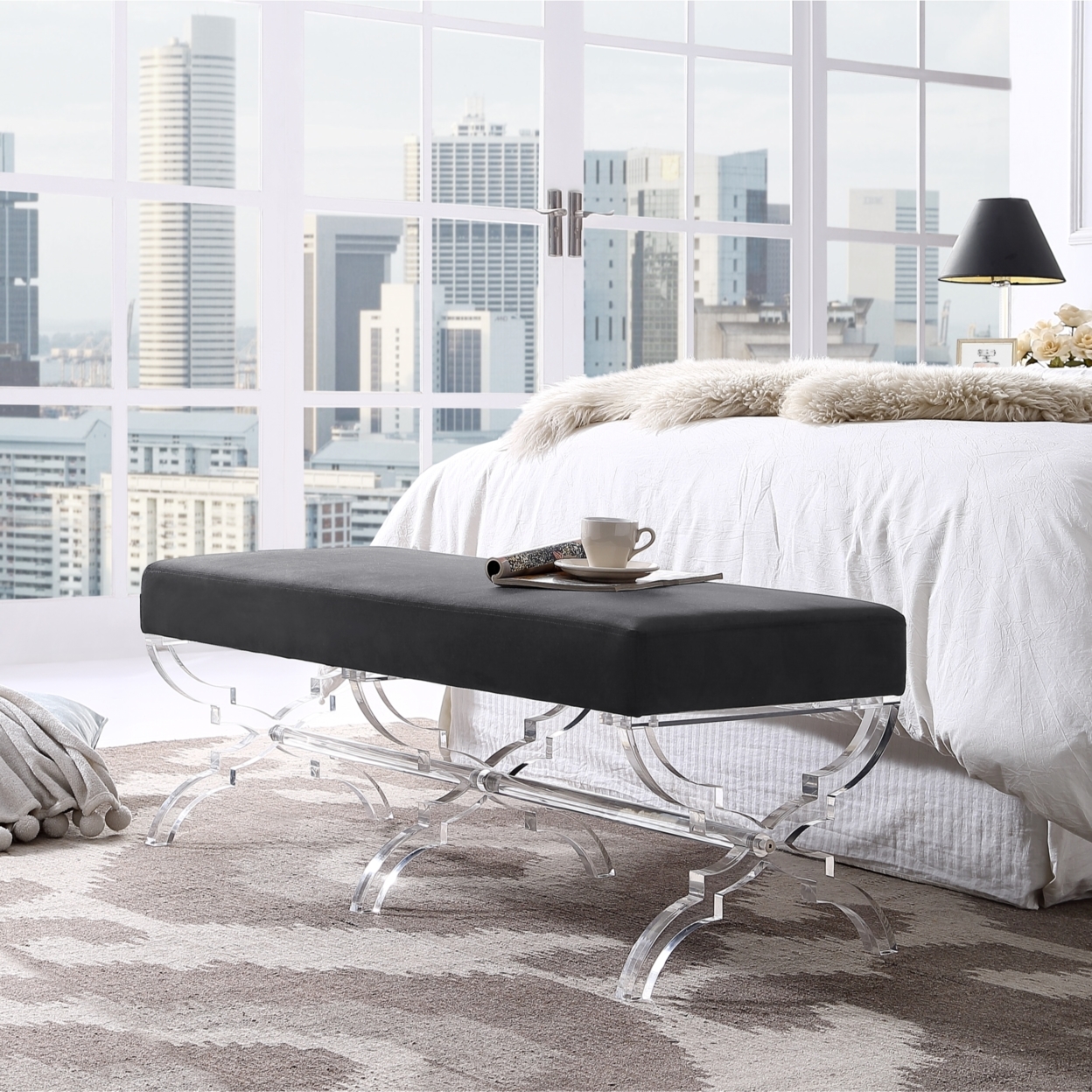 Laris Velvet Upholstered Bench-Modern Acrylic X-Leg-Living Room, Entryway, Bedroom-Inspired Home - Black