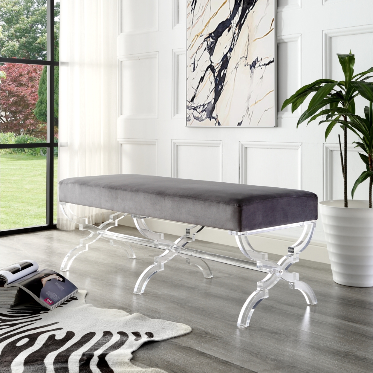 Laris Velvet Upholstered Bench-Modern Acrylic X-Leg-Living Room, Entryway, Bedroom-Inspired Home - Grey
