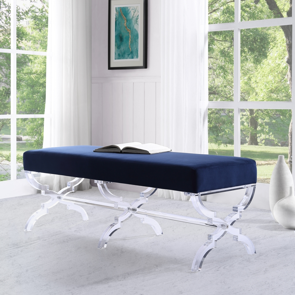 Laris Velvet Upholstered Bench-Modern Acrylic X-Leg-Living Room, Entryway, Bedroom-Inspired Home - Navy