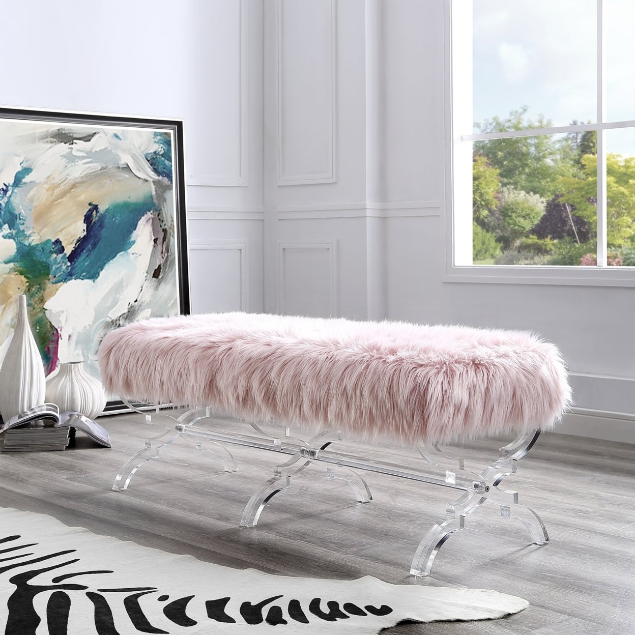Laris Faux Fur Bench-Modern Acrylic X-Leg-Upholstered-Living Room, Entryway, Bedroom-Inspired Home - Grey