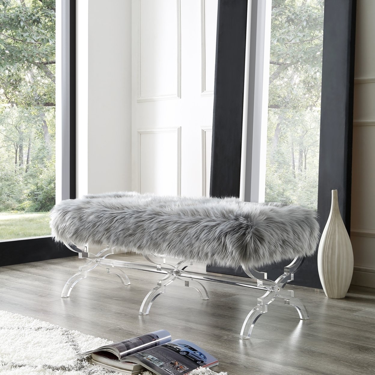 Laris Faux Fur Bench-Modern Acrylic X-Leg-Upholstered-Living Room, Entryway, Bedroom-Inspired Home - Grey