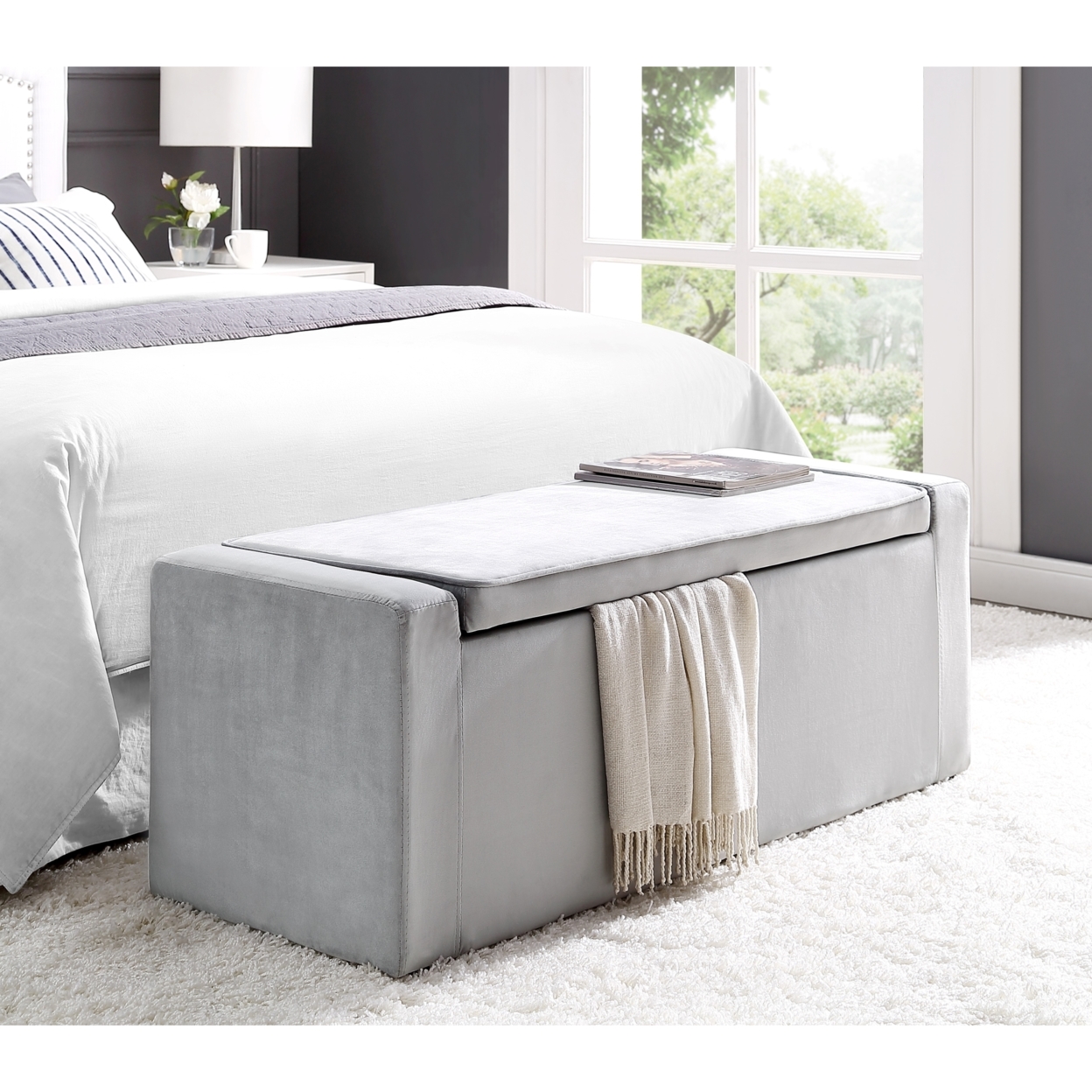 Carson Velvet Storage Bench-Shoe Storage-Upholstered-Living Room, Entryway, Bedroom-Inspired Home - Grey