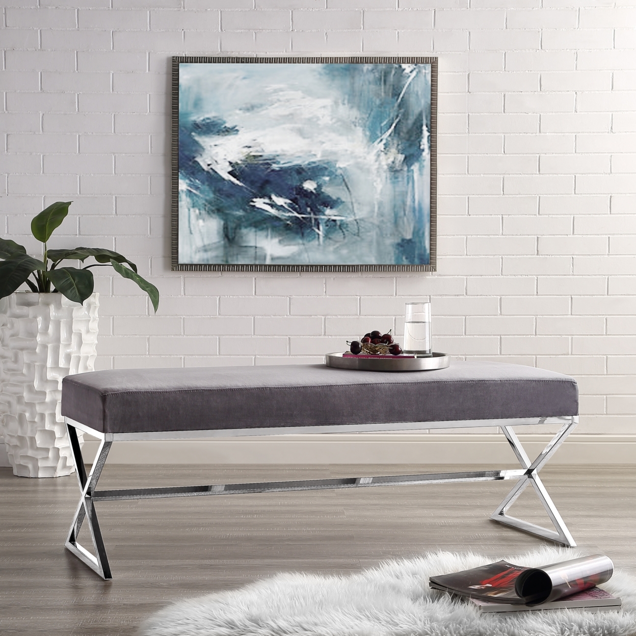 Liam Velvet Upholstered Bench-Stainless Steel Legs-Living-room, Entryway, Bedroom-Inspired Home - Grey