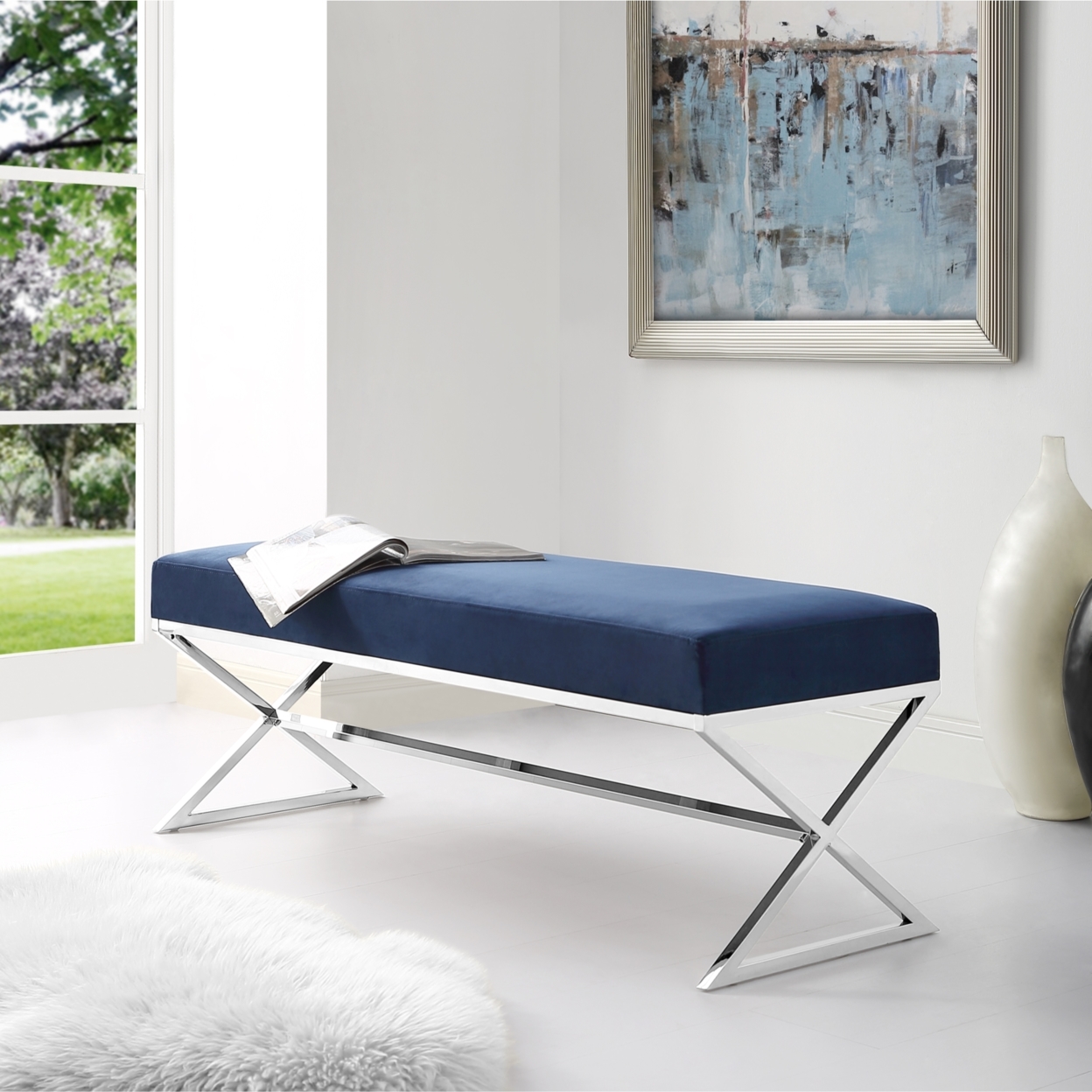 Liam Velvet Upholstered Bench-Stainless Steel Legs-Living-room, Entryway, Bedroom-Inspired Home - Grey