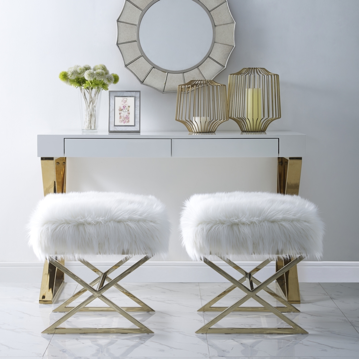 Liam Faux Fur Ottoman-Stainless Steel-Gold Or Chrome X-legs-Living Room, Entryway, Bedroom-Inspired Home - Grey Chrome
