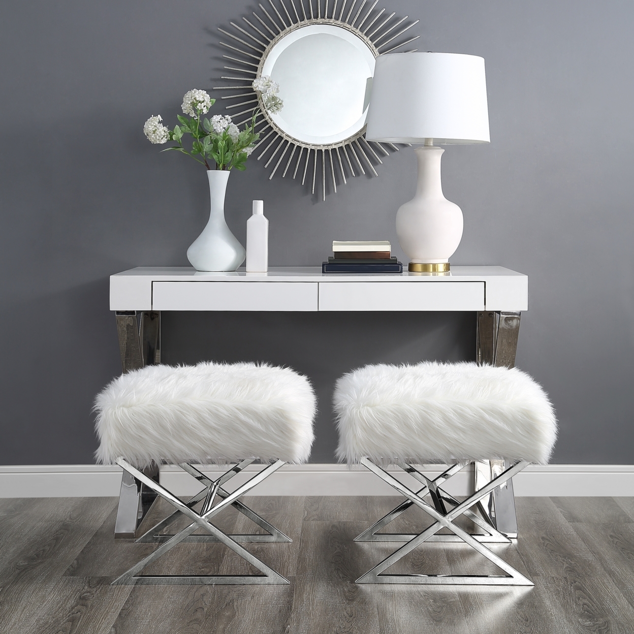 Liam Faux Fur Ottoman-Stainless Steel-Gold Or Chrome X-legs-Living Room, Entryway, Bedroom-Inspired Home - White Chrome
