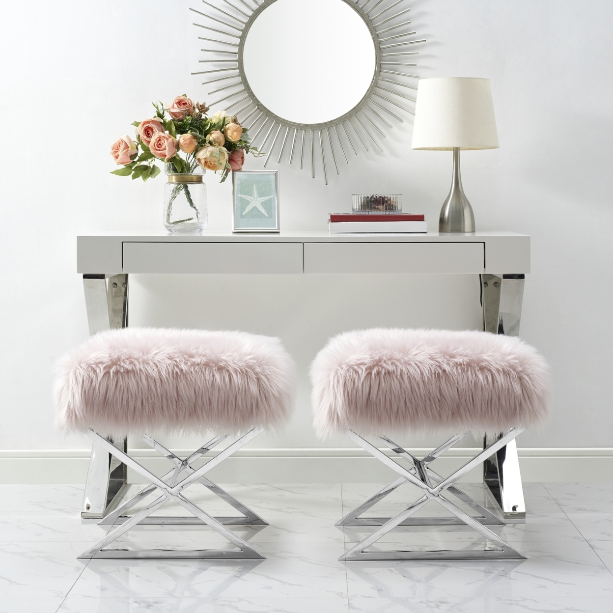 Liam Faux Fur Ottoman-Stainless Steel-Gold Or Chrome X-legs-Living Room, Entryway, Bedroom-Inspired Home - Rose Chrome