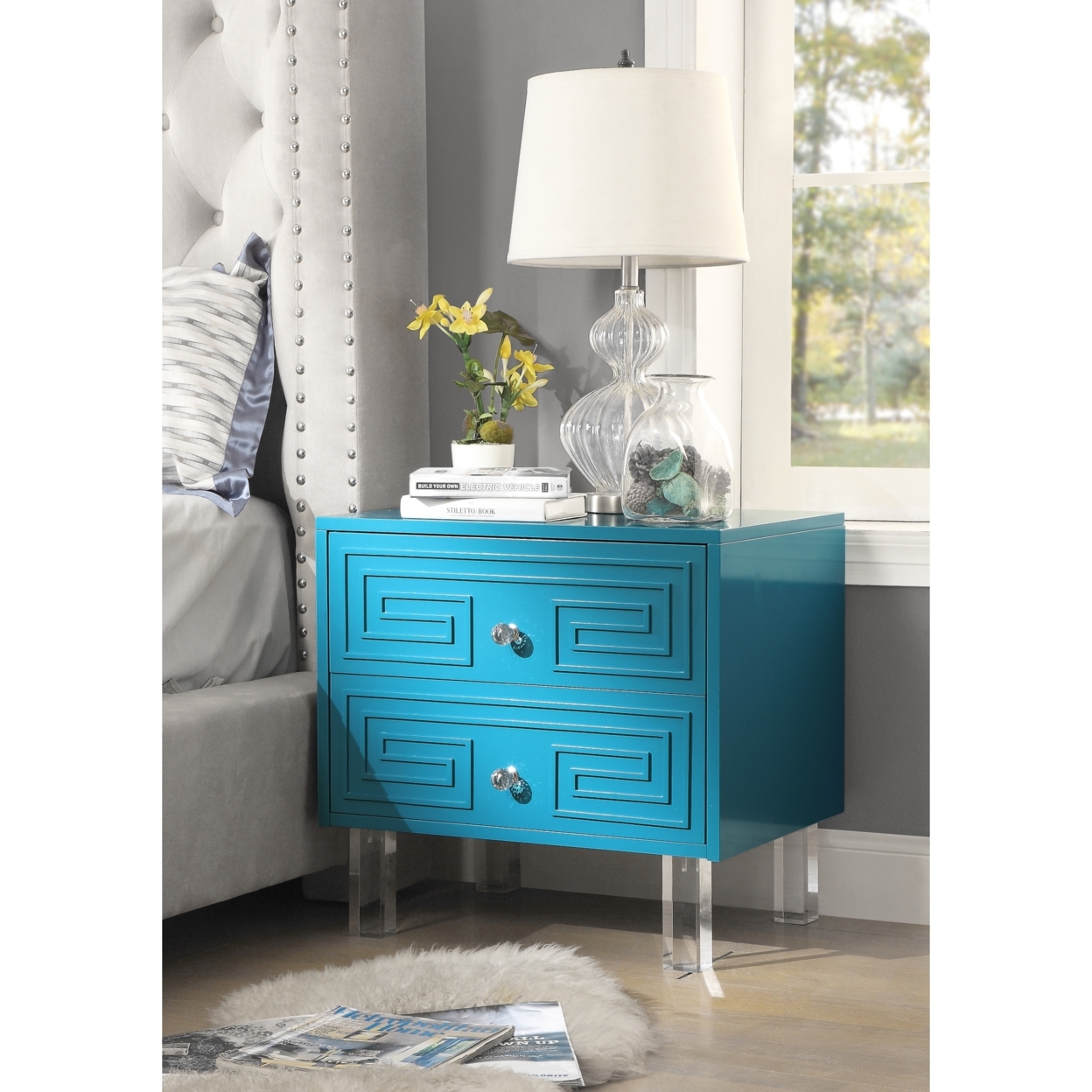 Lottie Glossy Nightstand-Lacquer Finish-Side Table-Acrylic Lucite Legs-Modern & Functional By Inspired Home - Light Grey
