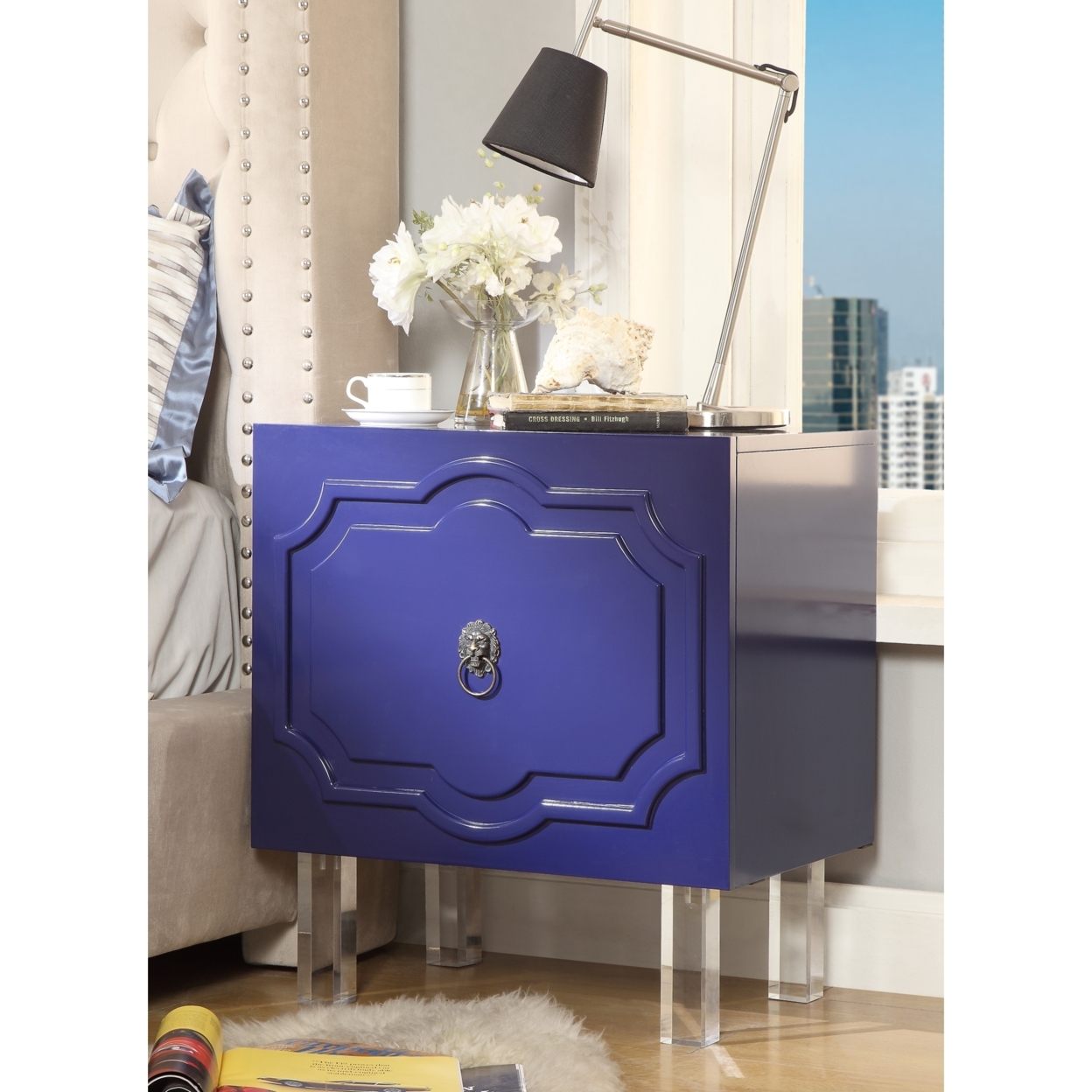 Anastasia Glossy Nightstand-Lacquer Finish-Side Table-Acrylic Lucite Legs-Modern & Functional By Inspired Home - White