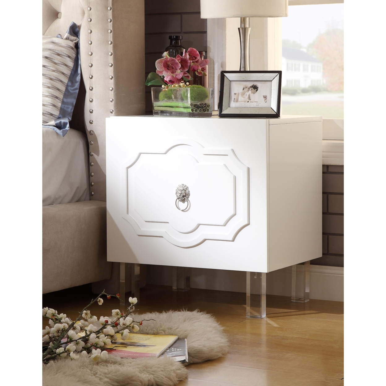 Anastasia Glossy Nightstand-Lacquer Finish-Side Table-Acrylic Lucite Legs-Modern & Functional By Inspired Home - White