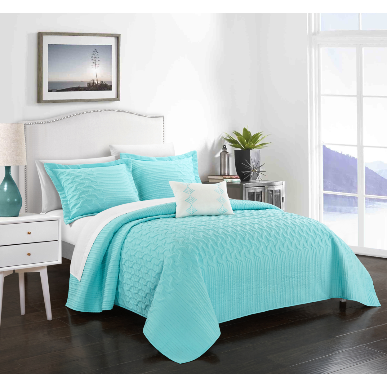 Shaliya 4 Or 3 Piece Quilt Cover Set Interlaced Vine Pattern Quilted Bed In A Bag - Aqua, Queen