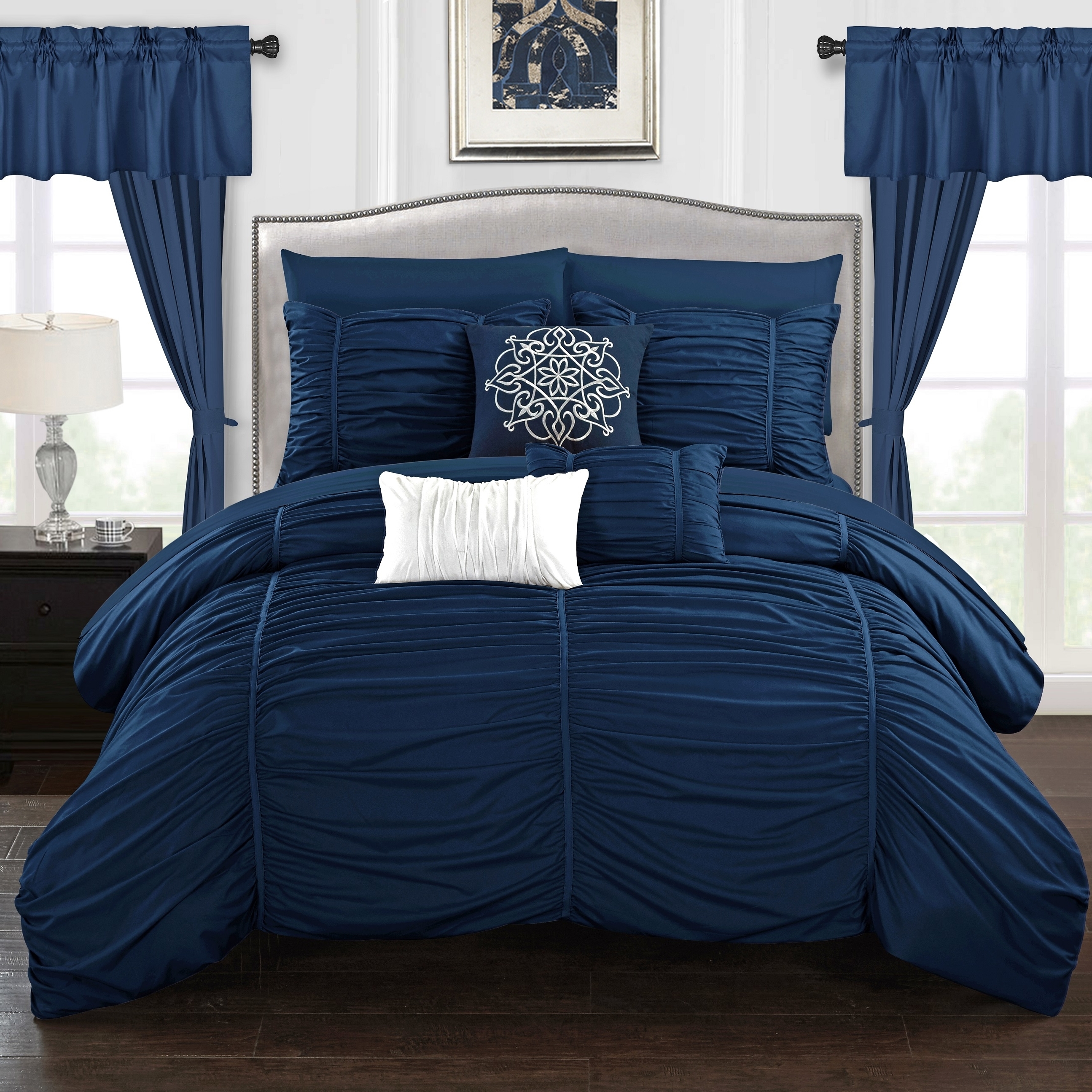 Gruyeres 20 Piece Comforter Set Ruffled Ruched Designer Bedding - Navy, Queen