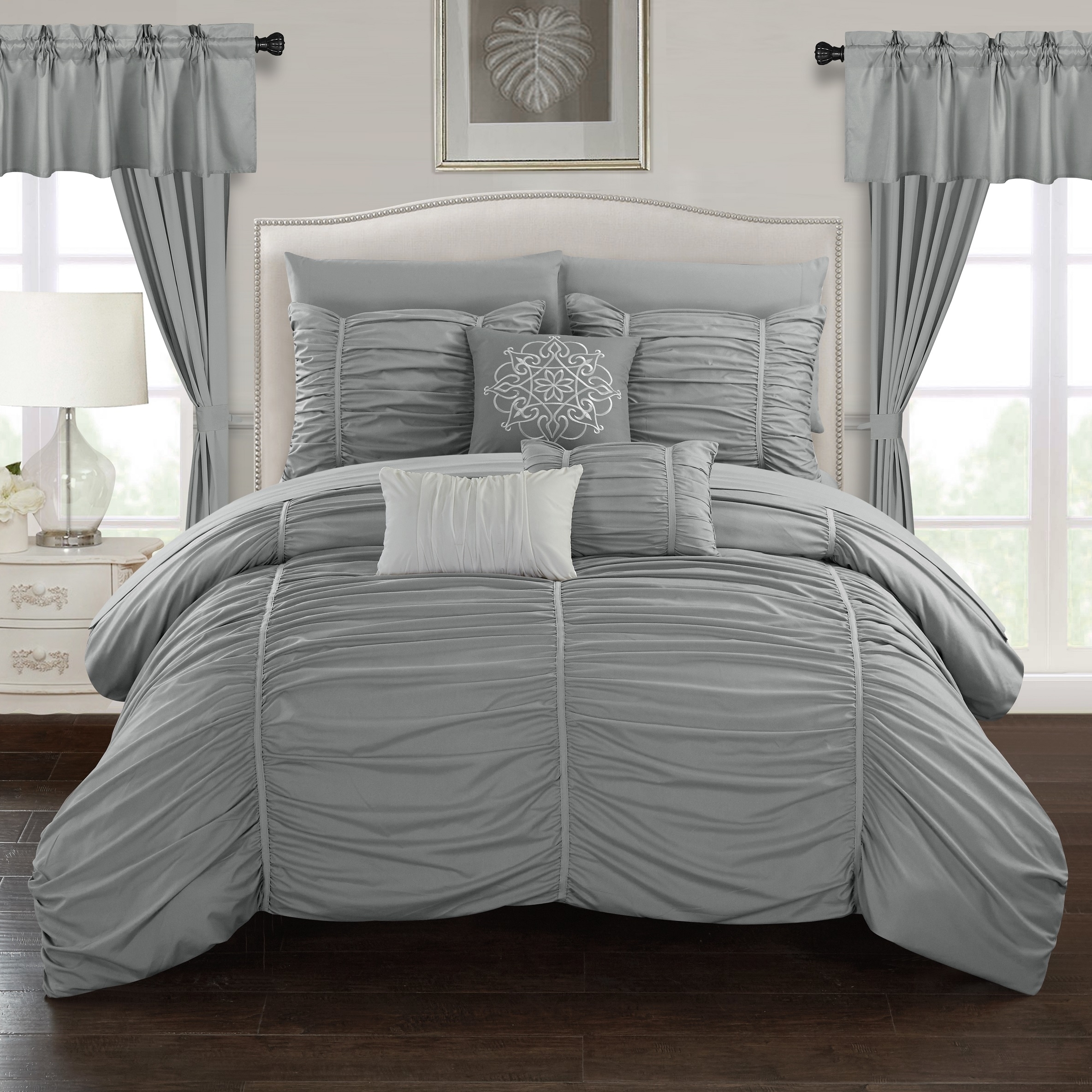 Gruyeres 20 Piece Comforter Set Ruffled Ruched Designer Bedding - Grey, Queen