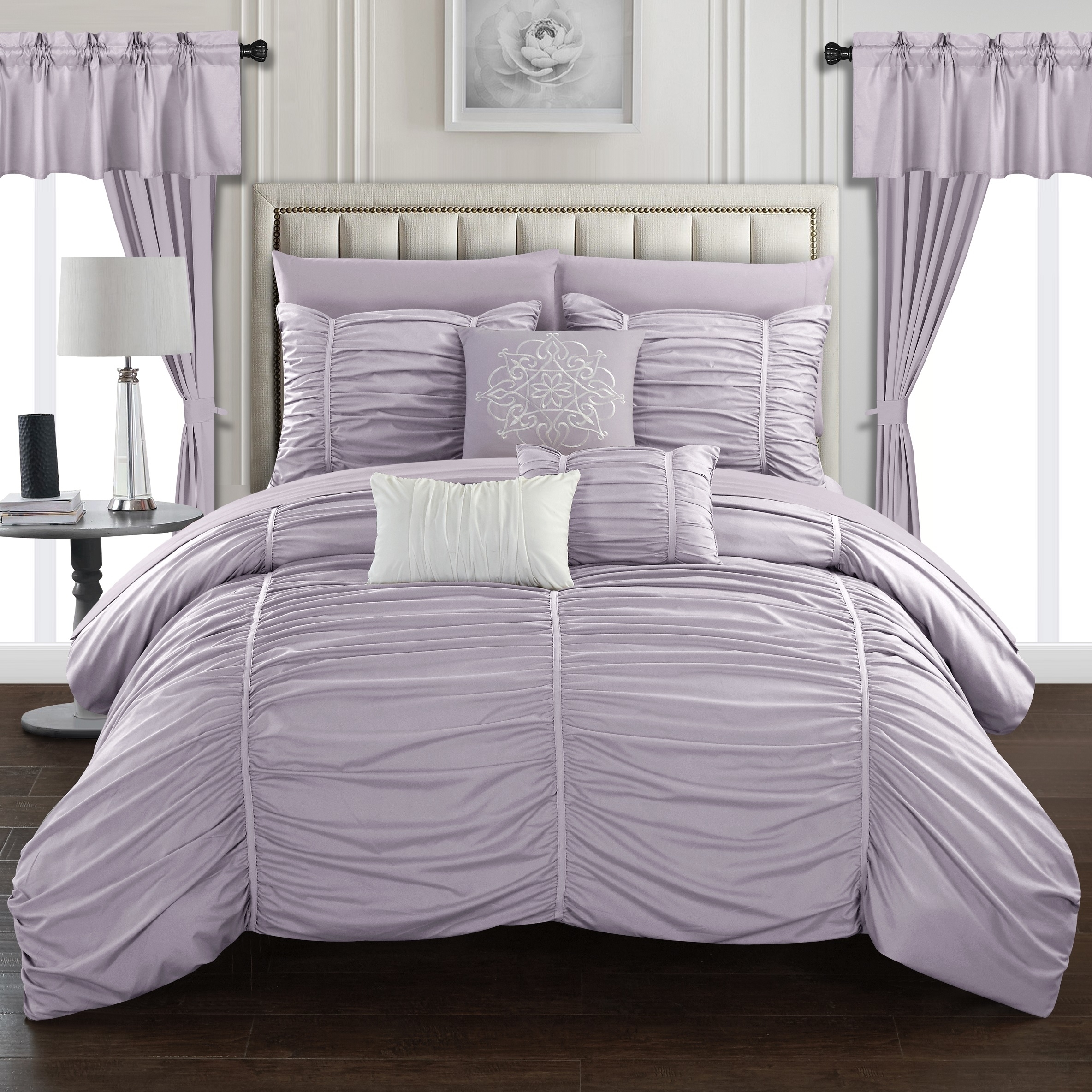 Gruyeres 20 Piece Comforter Set Ruffled Ruched Designer Bedding - White, King