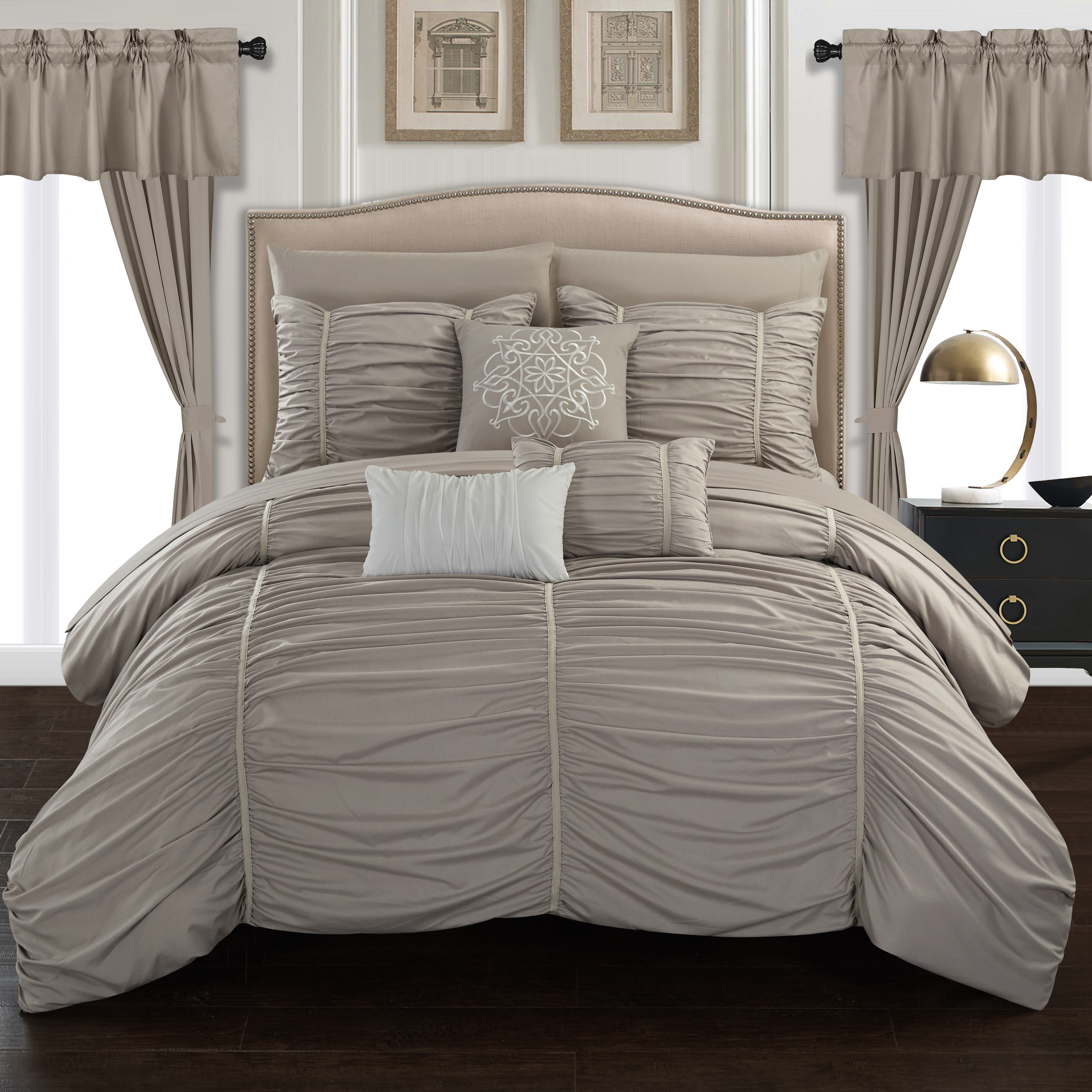 Gruyeres 20 Piece Comforter Set Ruffled Ruched Designer Bedding - Taupe, King