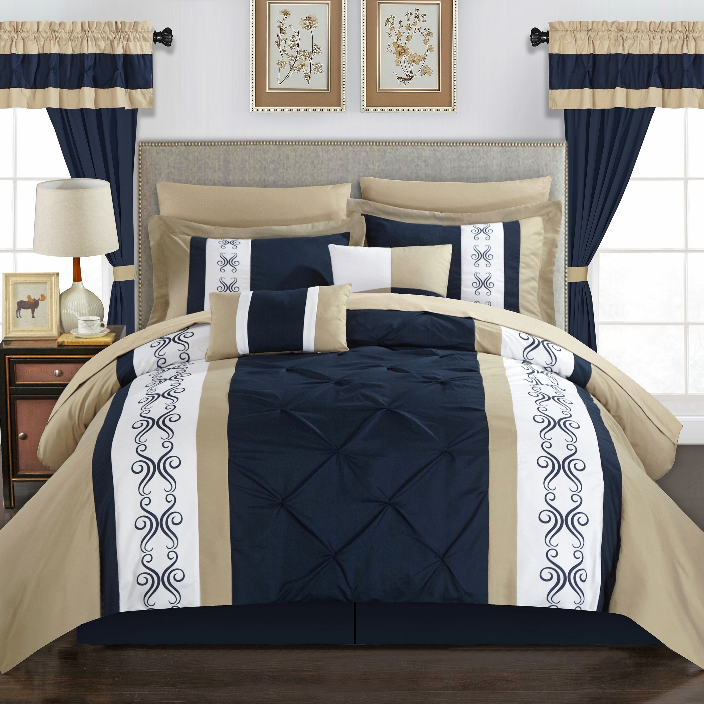 Adara 20 Piece Comforter Set Color Block Pinch Pleat Pintuck Design - Black, Queen