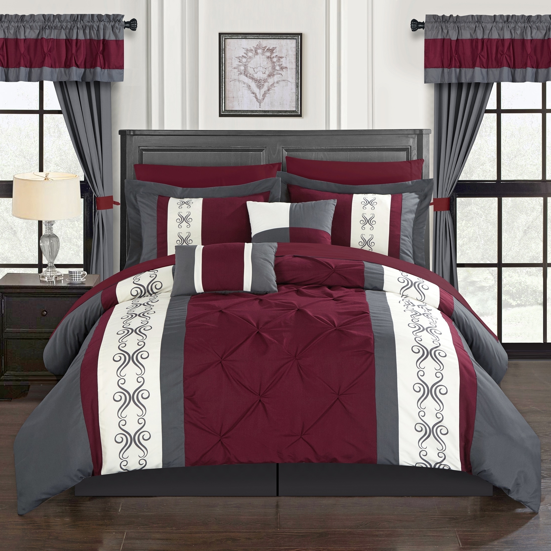 Adara 20 Piece Comforter Set Color Block Pinch Pleat Pintuck Design - Red, King