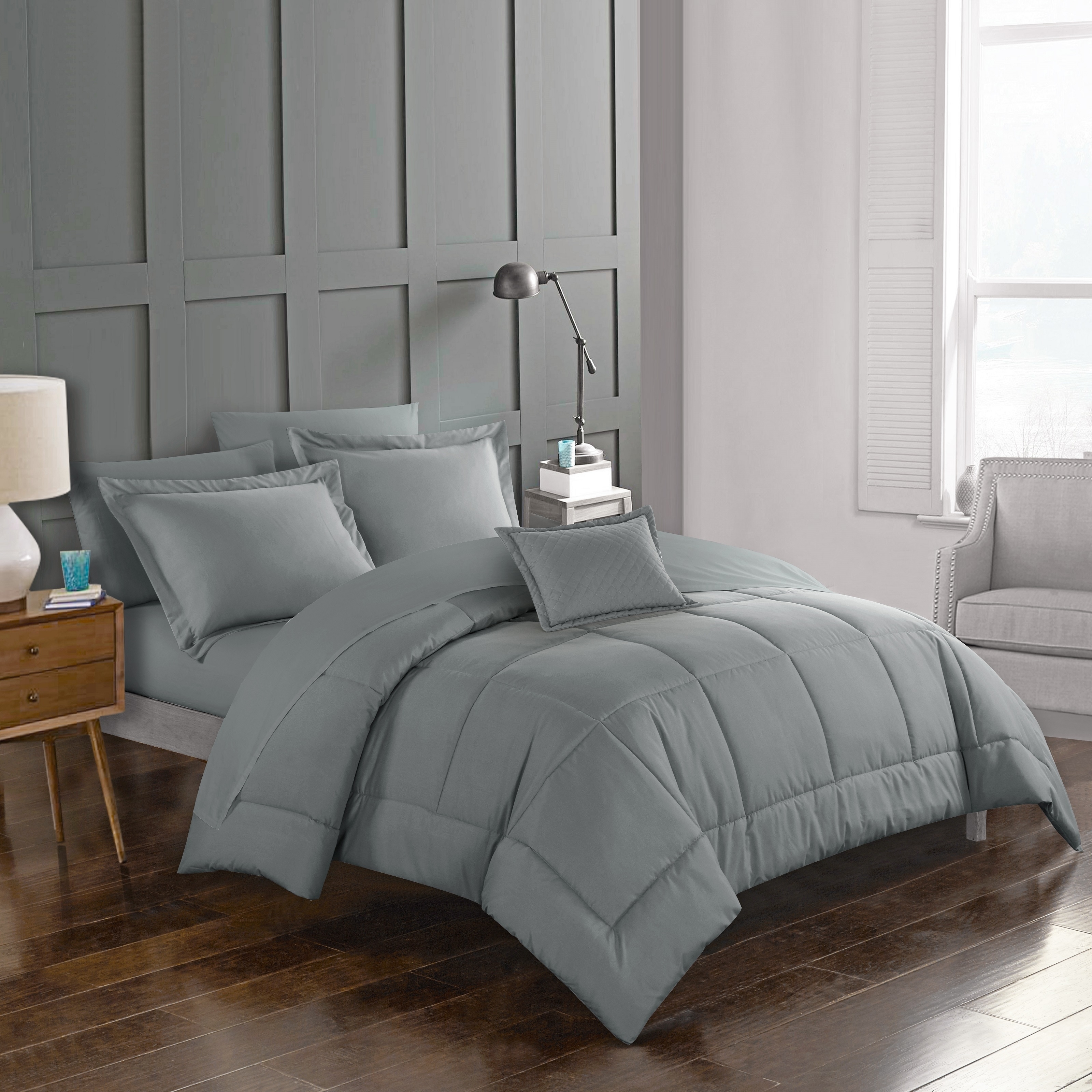 Joshuah 8 Or 6 Piece Comforter Set Pieced Solid Color Stitched With Sheet Set - Grey, Twin