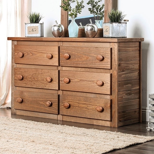 Wooden Rustic Style 6 Drawers Dresser In Mahogany Finish, Brown- Saltoro Sherpi